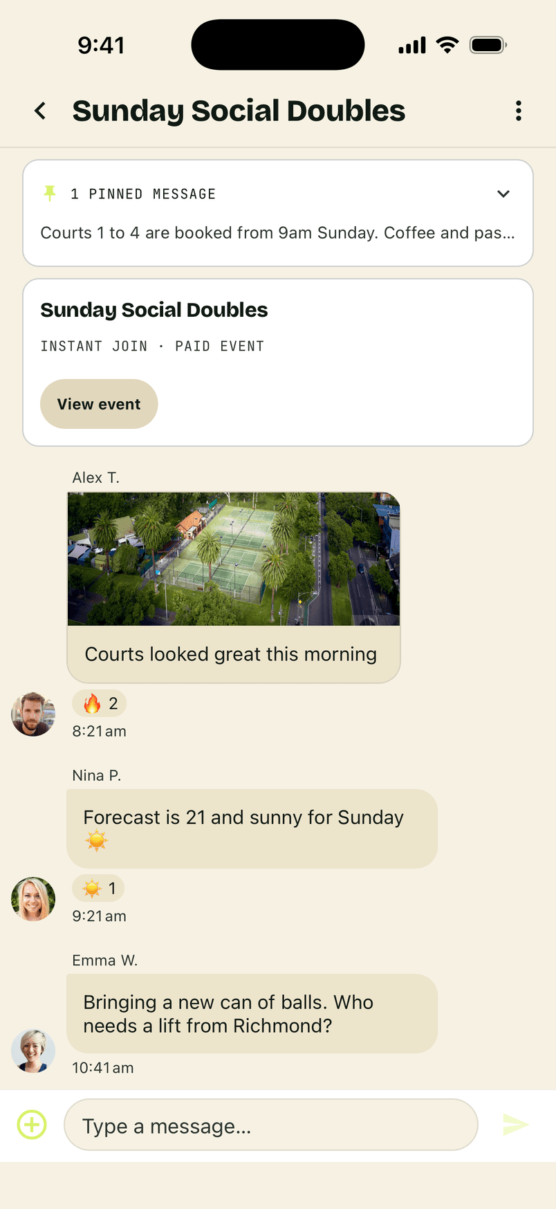 A RallyMate session chat with a photo, reactions and a poll