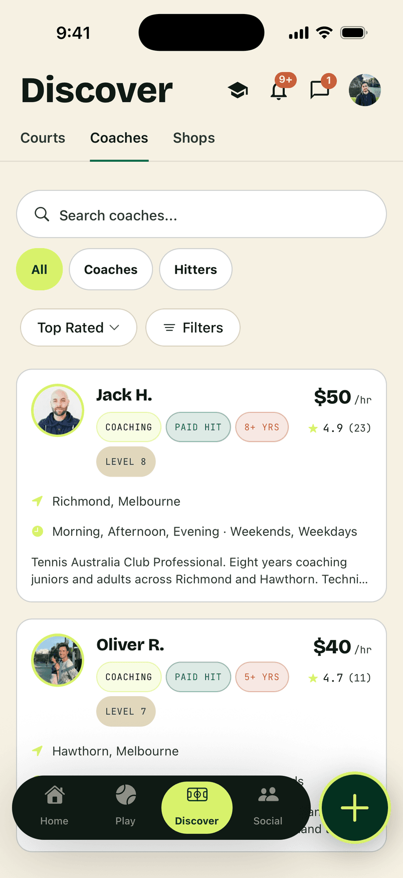 RallyMate coach listings with ratings and hourly rates