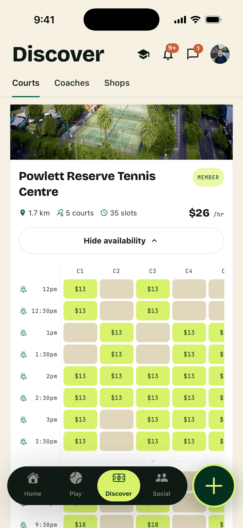 RallyMate court booking grid showing free slots at a club