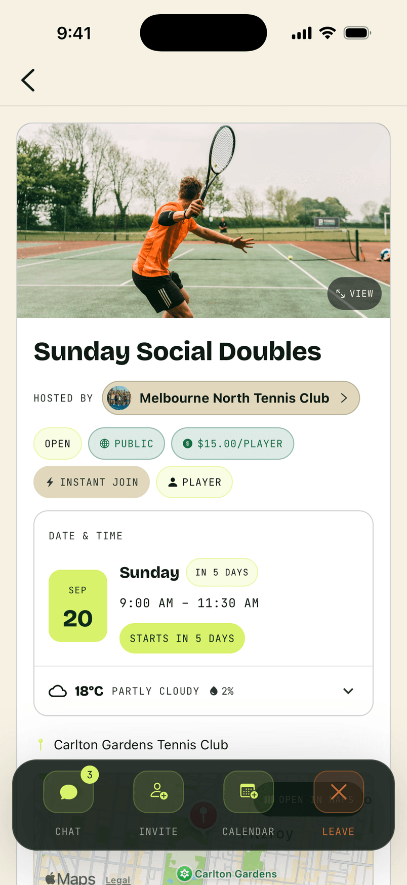 A RallyMate club event with a photo, price, date and weather