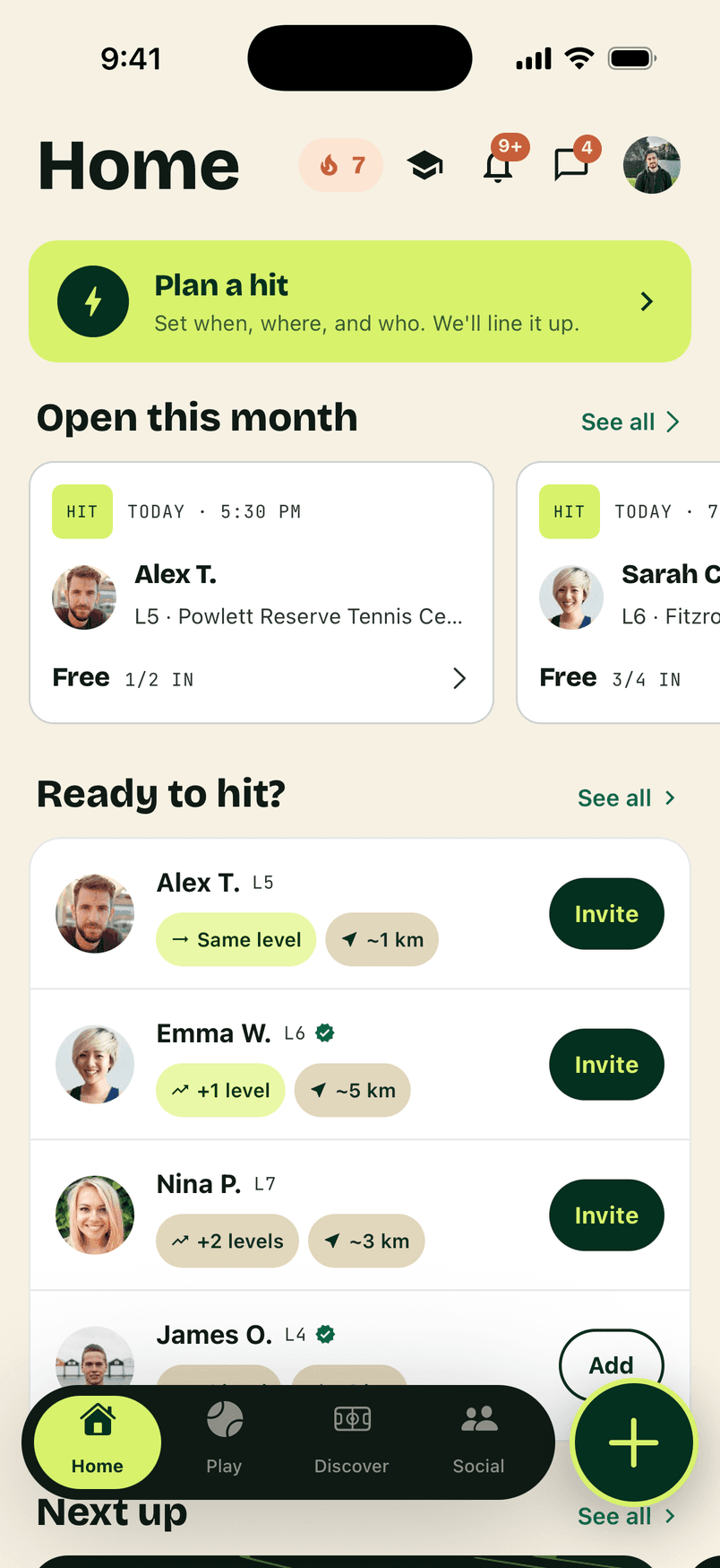The RallyMate home screen showing open sessions and players ready to hit