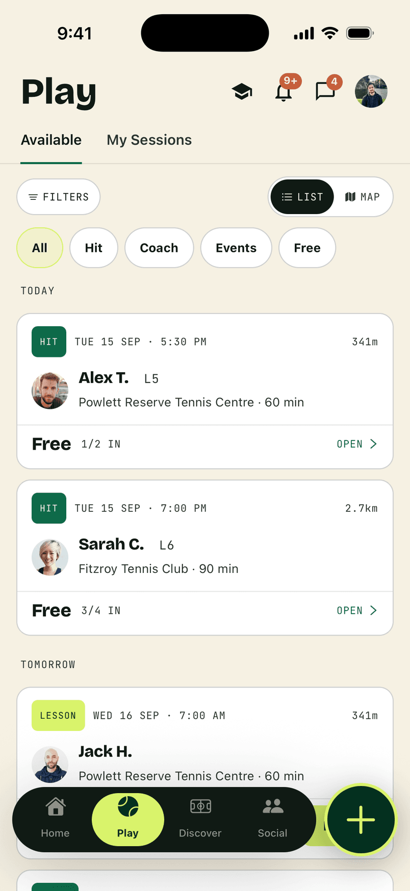 The RallyMate Play tab listing sessions this week