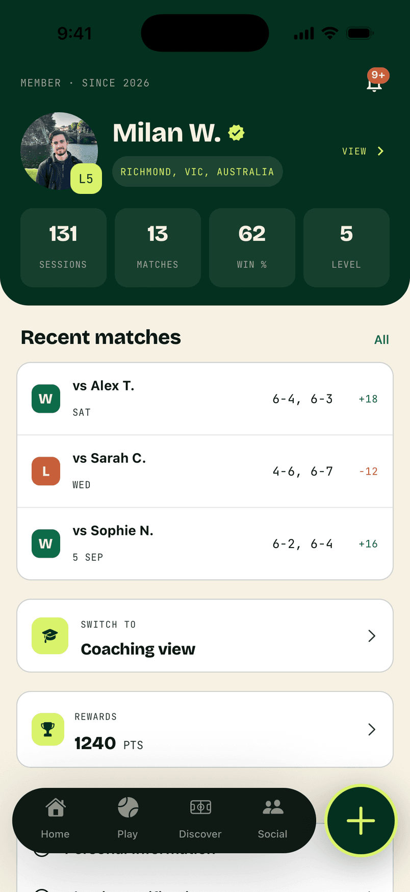 A RallyMate player profile with match history